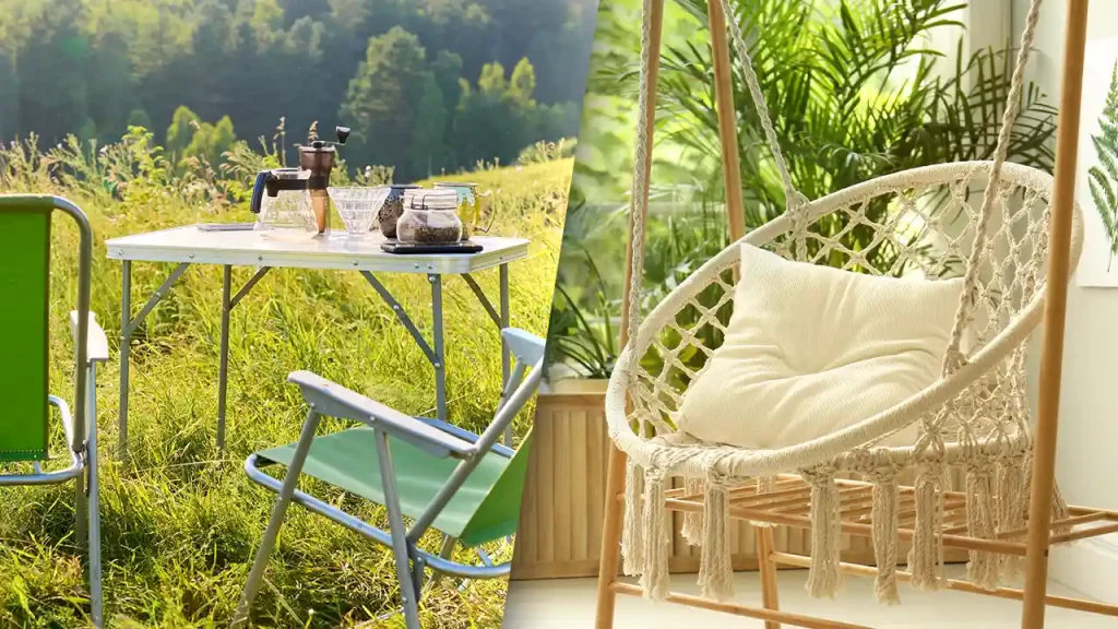 masa pliabilă de camping și hamac tip scaun pentru relaxare în natură